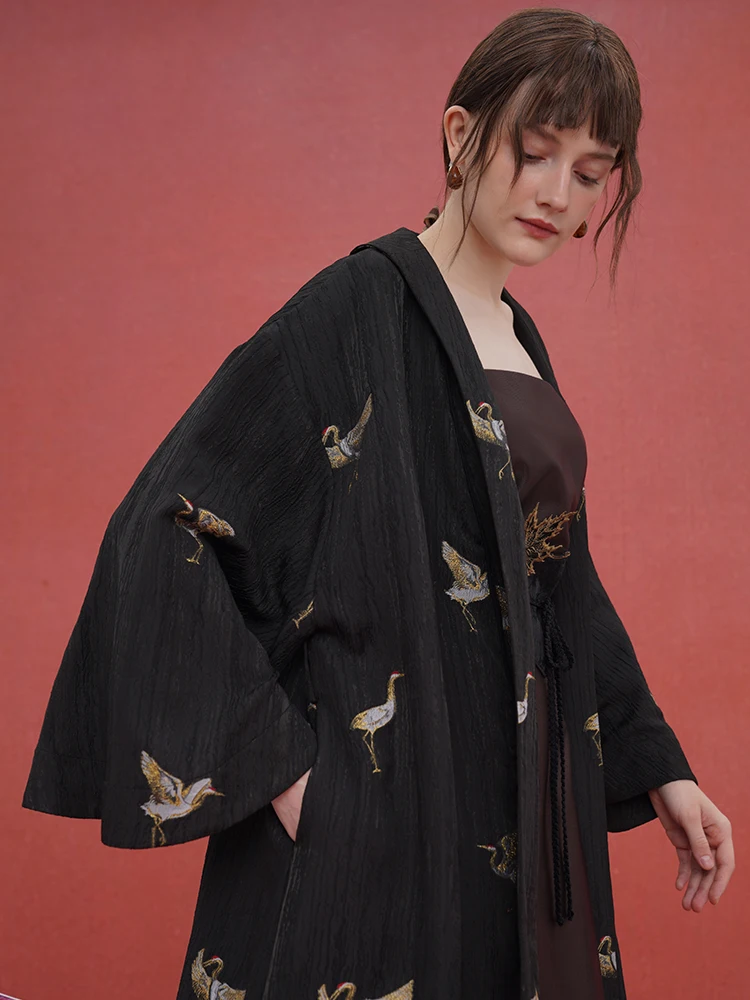 Long Red-Crowned Crane Embroidery Coat for Women, Spring and Autumn