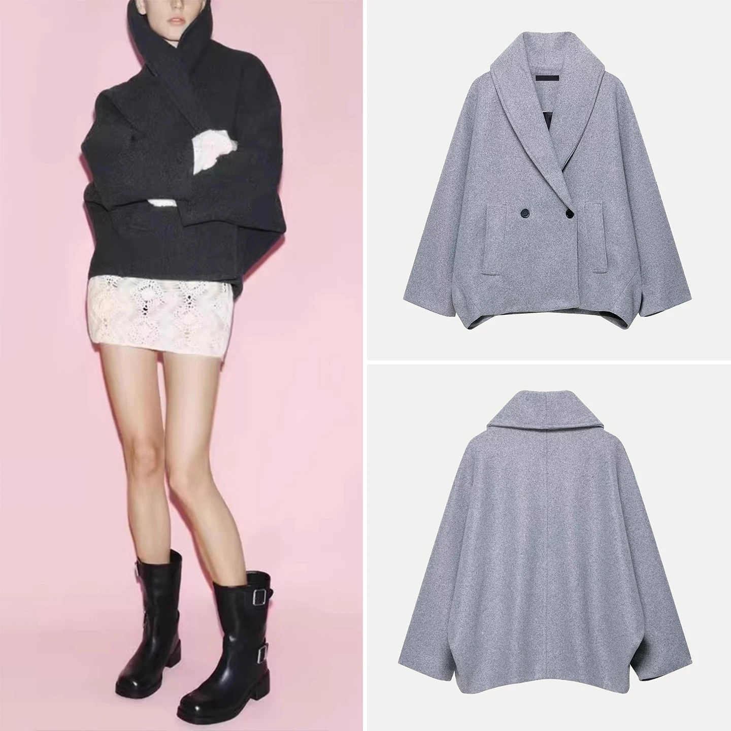 

Модный свободный двубортный женский пальто из смешанного волокна, осень 2025 Z, верхняя одежда со стойкой, женская куртка