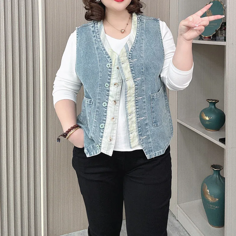 Plus Size Denim Vest Jacket Female Fall New Loose Splice Fake Two Pieces Casual Preppy Style Retro Waistcoat 8265