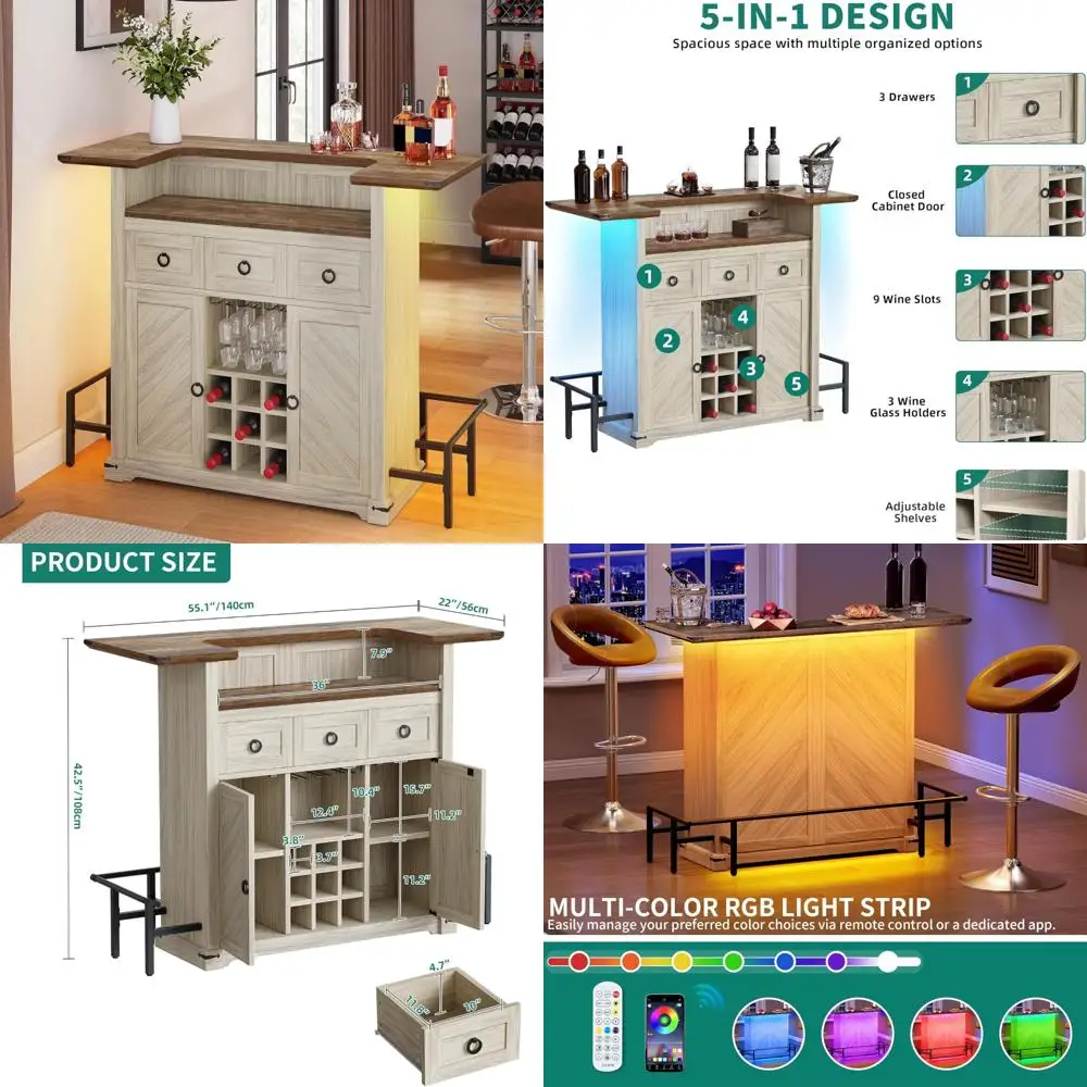 

LED Lighted Farmhouse Bar Cabinet with Drawer, Glass Holder, and Wine Storage