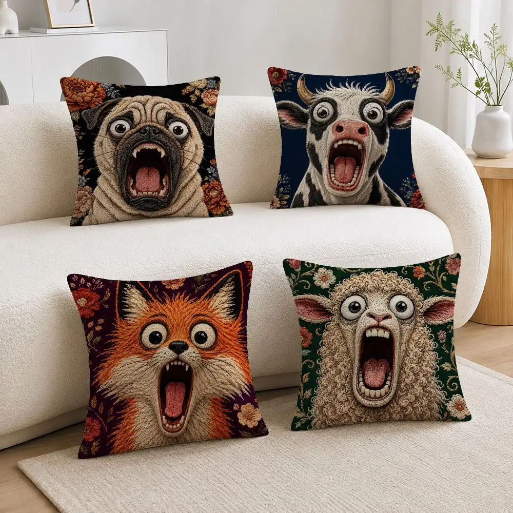 Cute 2D Funny Animals Screaming Cushion Cover Soft Short Plush Throw Pillowcase Sofa Bedroom Home Decor Holiday Gift