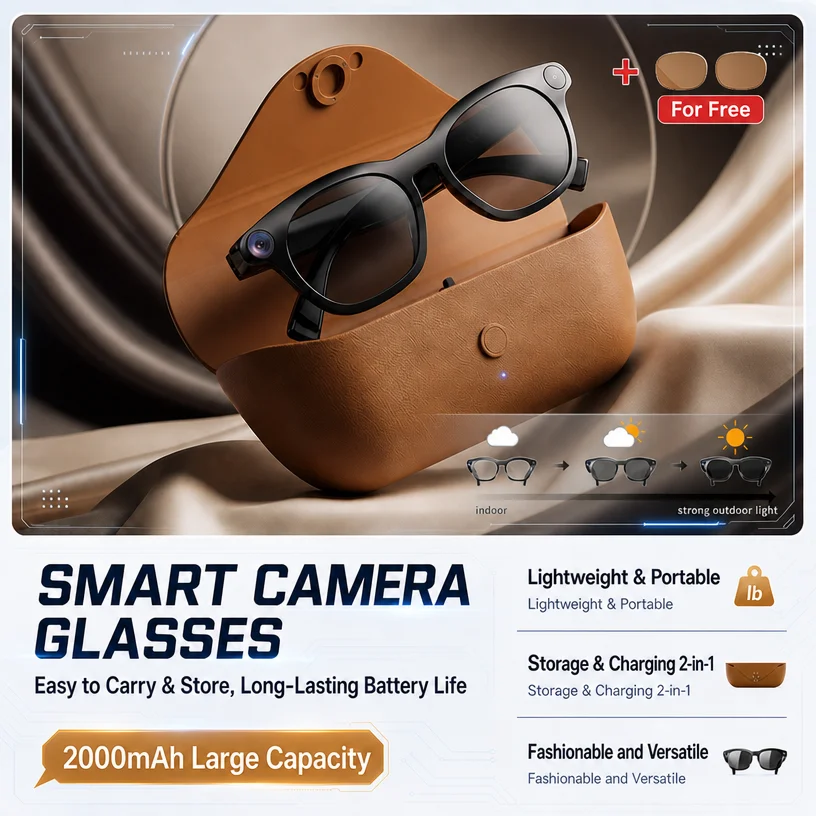 800W Camera AI Smart Shooting Glasses,2000mAhLarge-capacity charging case, Support Douyin TK Live Streaming, Audio and Video Cal