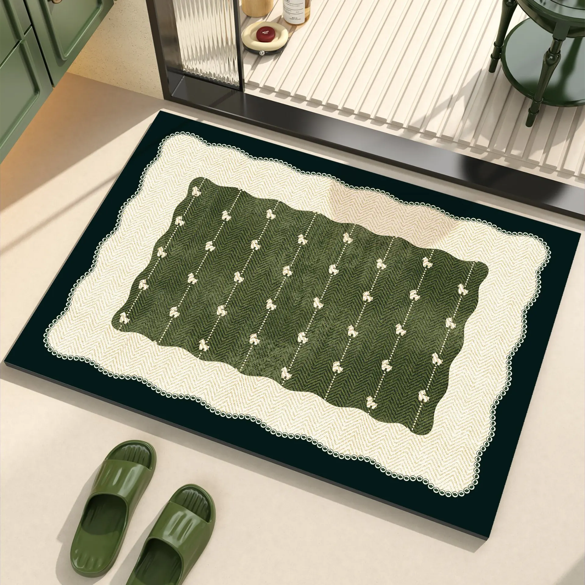 다크 그린 헤링본 스캘럽 트림 도어매트, 미니멀리스트  - Home Decor Minimal 리뷰 및 가격
