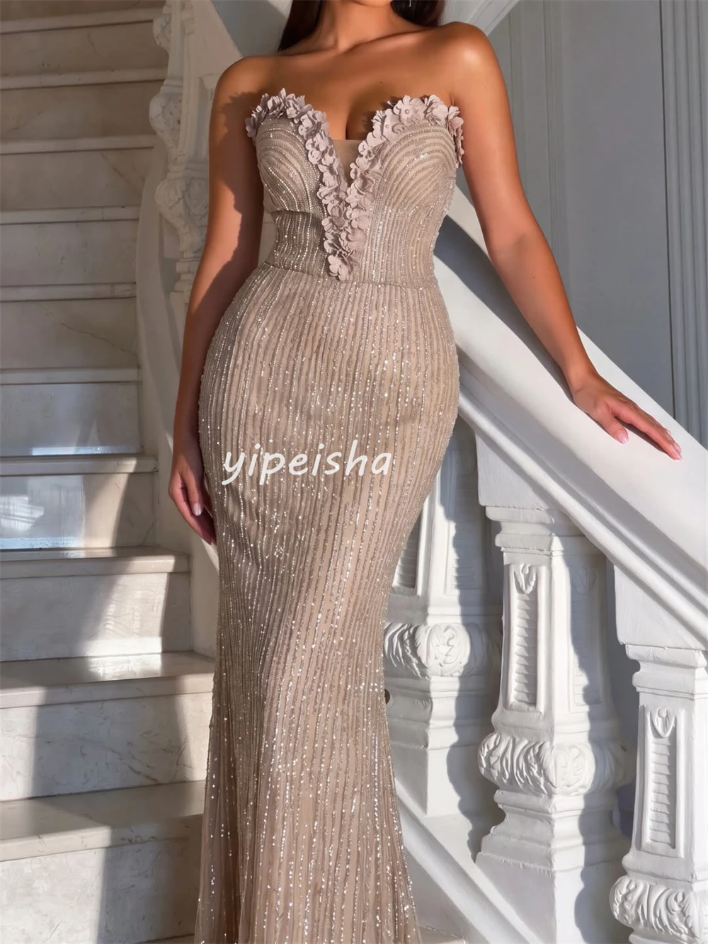 Customized Luxury Women Tulle Beading Handmade Flower Straight Evening Dresses Formal Sexy Sweetheart Floor Lenght Prom Dresses