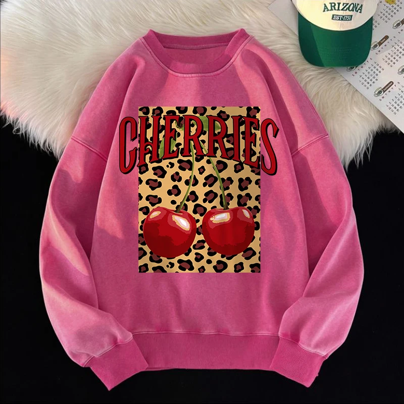 Leopard And Cherry Washed Sweatshirts Women Fruits Prints Pullover Oversized Crewneck Cotton Clothes Winter Warm Woman Hoodies