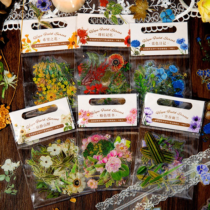 30 sheets scrapbooking material PET foil colorful transparent flowers plants literature material decorative DIY stickers 6 types