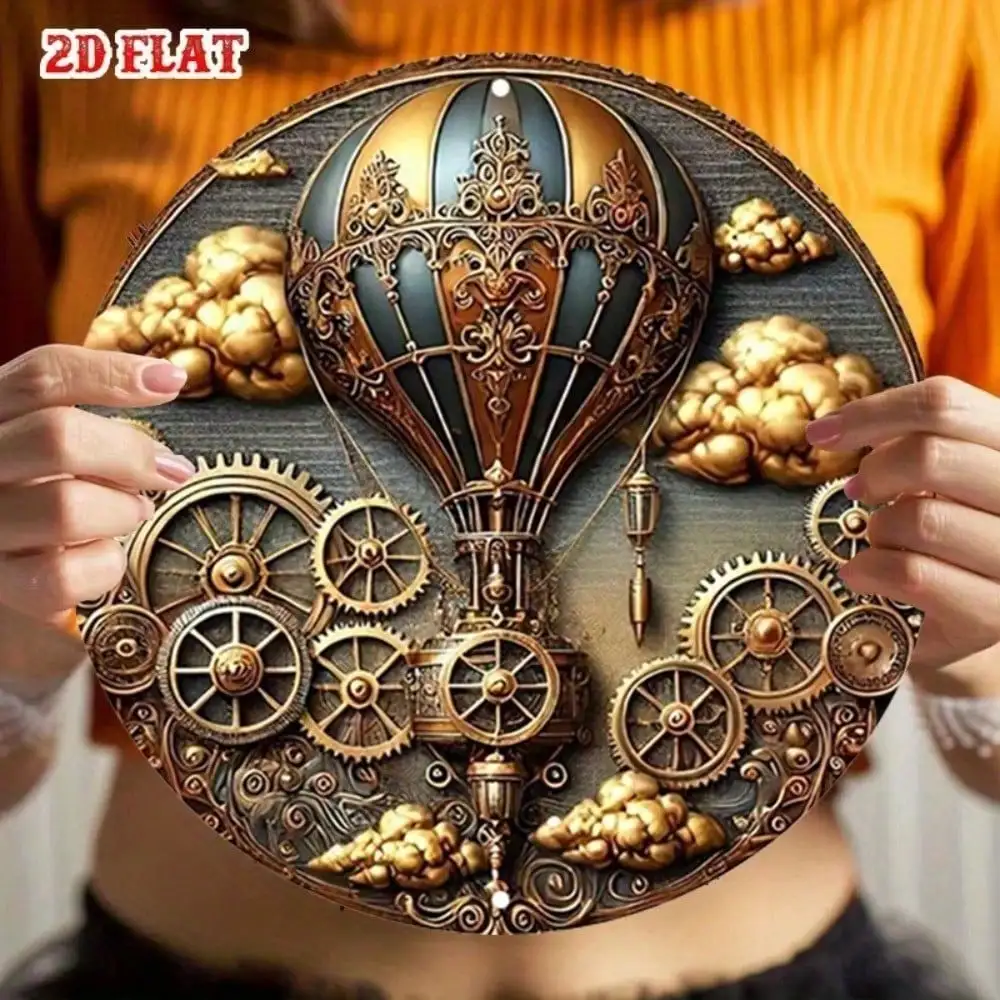 GlamourSteam Vintage Heißluftballon-Wandkunst, 7,87" rundes Metallschild mit Steampunk-Dekor aus Aluminium