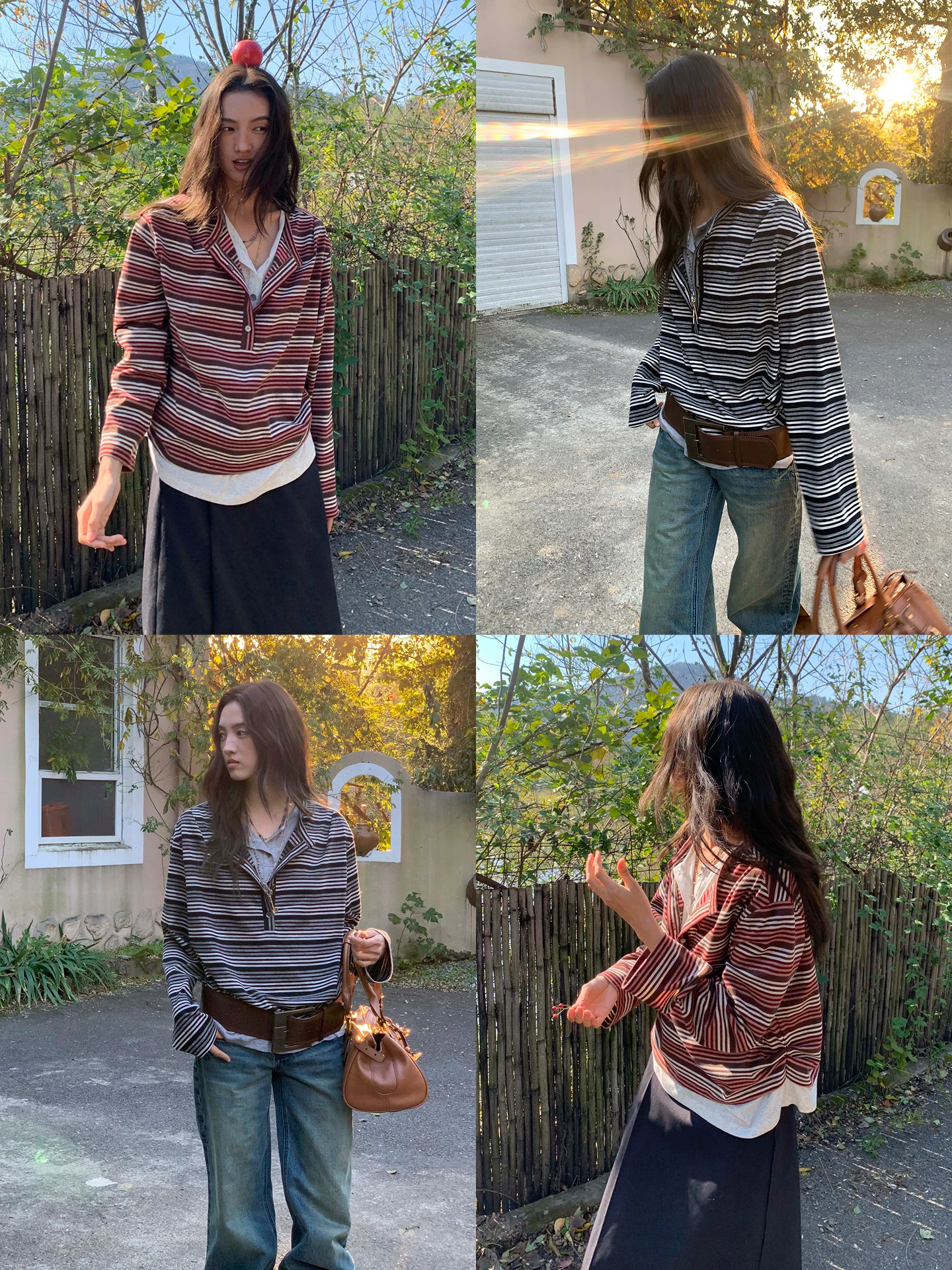 

Soft Skin-Friendly Wool Long Sve Knitted Stripe Henry Collar Double Layer Casual Loose Fit Women's T-irt