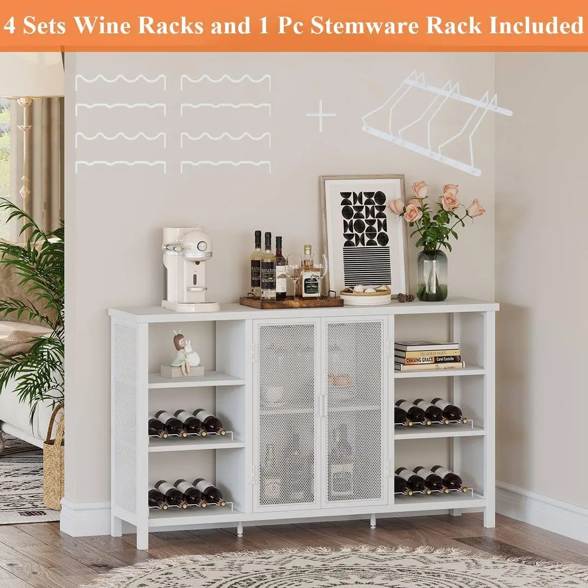 Wine Bar Cabinet for Liquor and Glasses, Modern Sideboard and Buffet Cabinet with Wine Rack, Wood and Metal Coffee Bar C