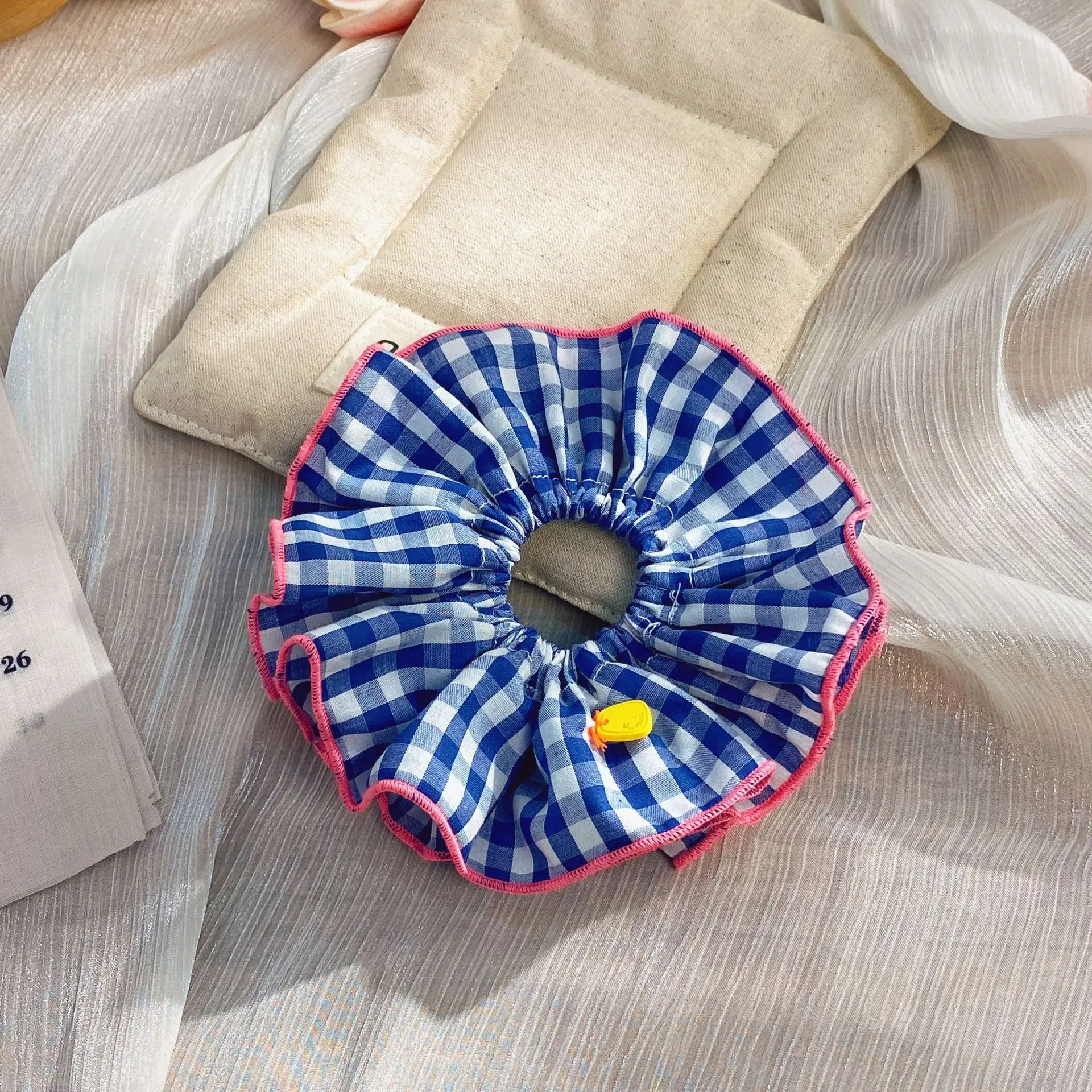 قطعة واحدة من حلقة أمعاء مزدوجة منقوشة متباينة للفتيات الجميلات، فيونكة زهور كورية، حلقة شعر على الأمعاء الغليظة، غطاء رأس بحبل شعر كرات #5