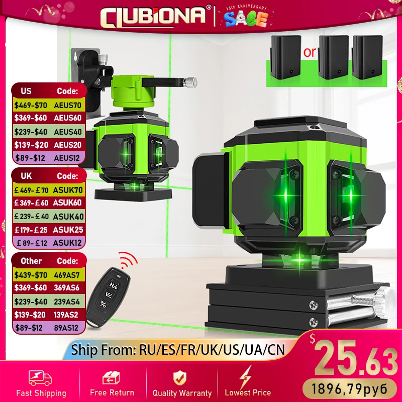 CLUBIONA 16/12 lines Self-leveling Remote Control Outdoor Mode - Receiver Auto 3x360 Green beam Line Laser Level