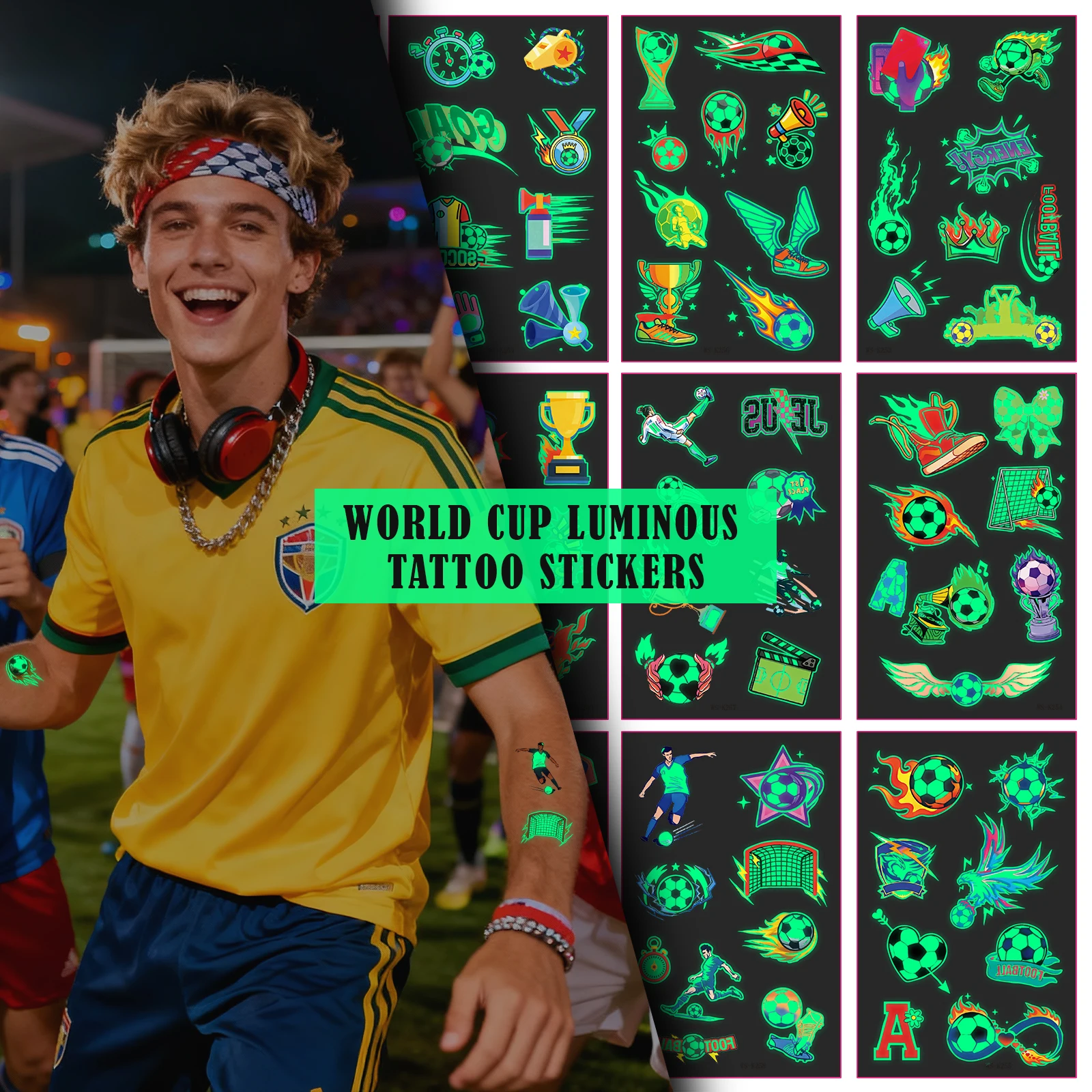 Glow in The Dark 1 Sheet Soccer Fan Temporary Tattoo Stickers Waterproof for Football Match Day Game Party Face Arm Body