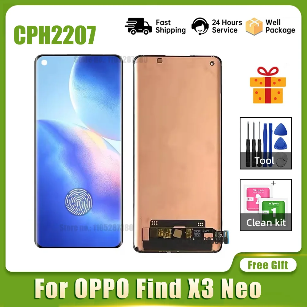 

6,55-дюймовый AMOLED-дисплей для OPPO Find X3 Neo X3Neo CPH2207, сенсорный экран, дигитайзер в сборе, с функцией распознавания отпечатков пальцев, протестирован