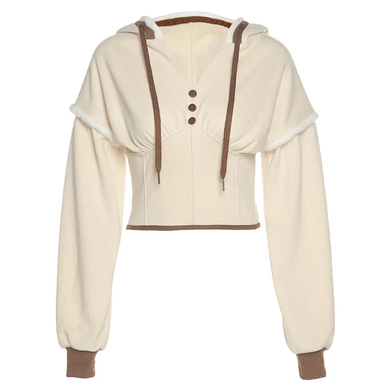 Pullover Pure Color Knitted Hoodie Patchwork Button Long Sleeve Waist Short Hoodie Women's All-match Pullover Warm Clothes