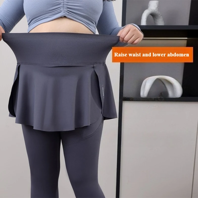 Plus Size Fit 200lbs Yoga Fake Two Items Leggings with Pockets Sharkskin High-Waisted Skirt Pants Gym  Trainning Slim Tights