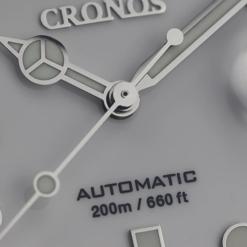 Cronos Sub Diver Men Watch White Dial PT5000 Brushed Bracelet No Date Ceramic Bezel 200 Meters Water Resistant L6005M
