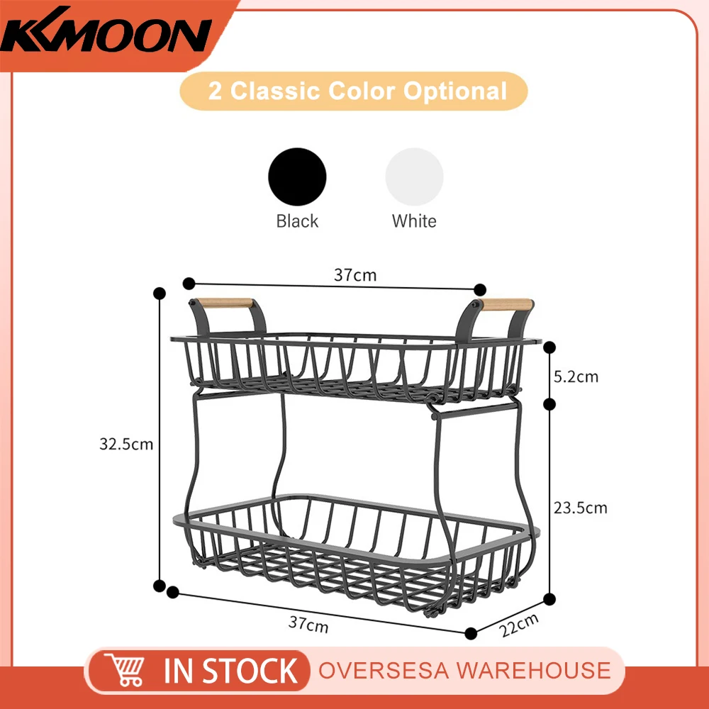 2 Tier Fruit Storage Basket Kitchen Countertop Organizer with Wooden Handle Mesh Carbon Steel Bowl for Vegetable Fruit Basket