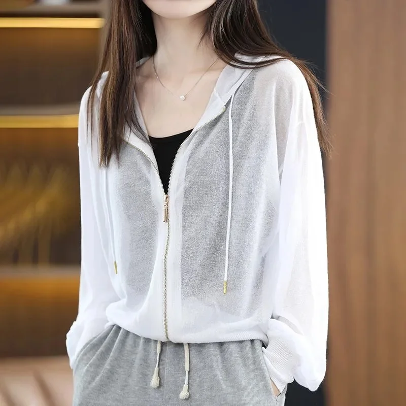 2026 New Women Ice Silk Hooded Zipper Sunscreen Coat Summer Loose Air Conditioning Long Sleeve Knitted Jacket Top Cardigan