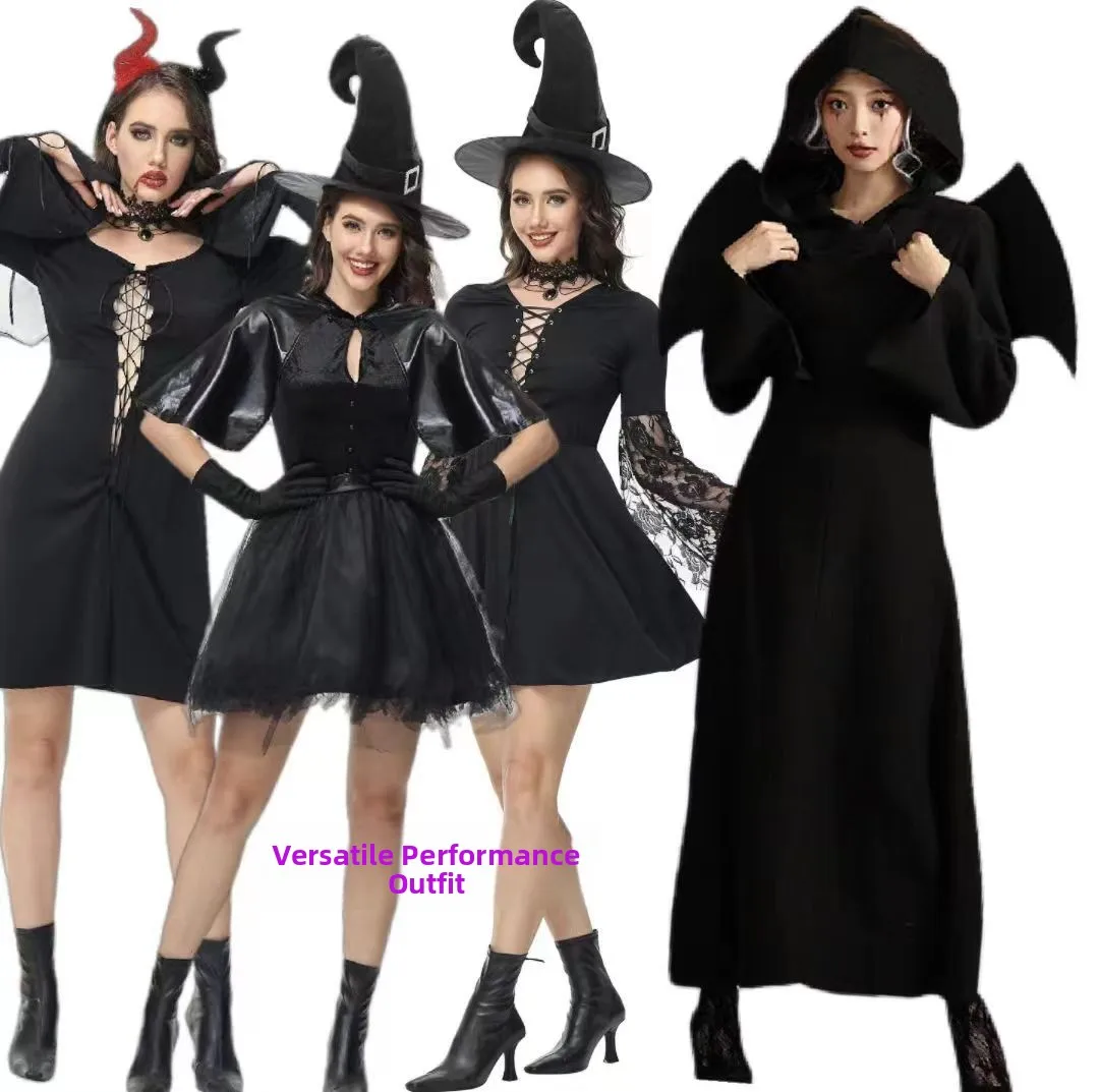 Neues Halloween-Damenkostüm Bla Witch Devil Outfit Bat COS Kleidung Wizard ort Robe Fem Sle Faionable