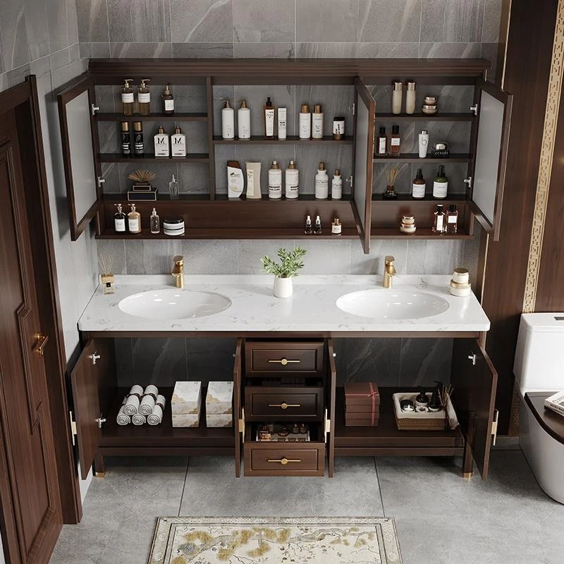 New Chinese Style Bathroom Cabinet Combination Washbasin, Double Countertop, Bathroom Wash Ceramic Integrated Basin, Oak Style