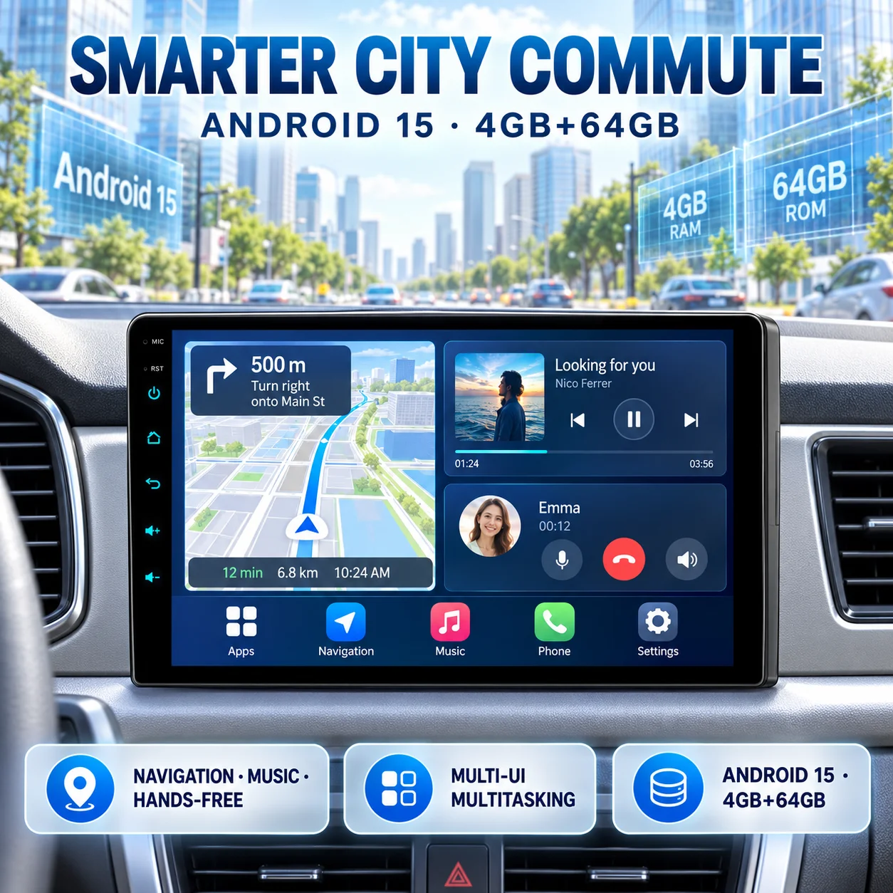 XFY Android15 Car Multimedia Player 4GB 64GB 7/9/10 Inch Wireless CarPlay Android Auto BT 5.0 WiFi 5 Dual USB FM RDS AHD1080P