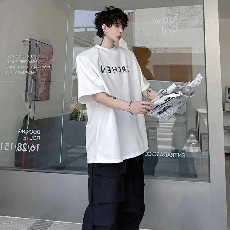LUZHEN Sleeve 2026 Summer Tie-dyed Letter Burr Patchwork Pattern Short T-shirts Men's Fashion Loose Shoulder Pad Clothes JY8075