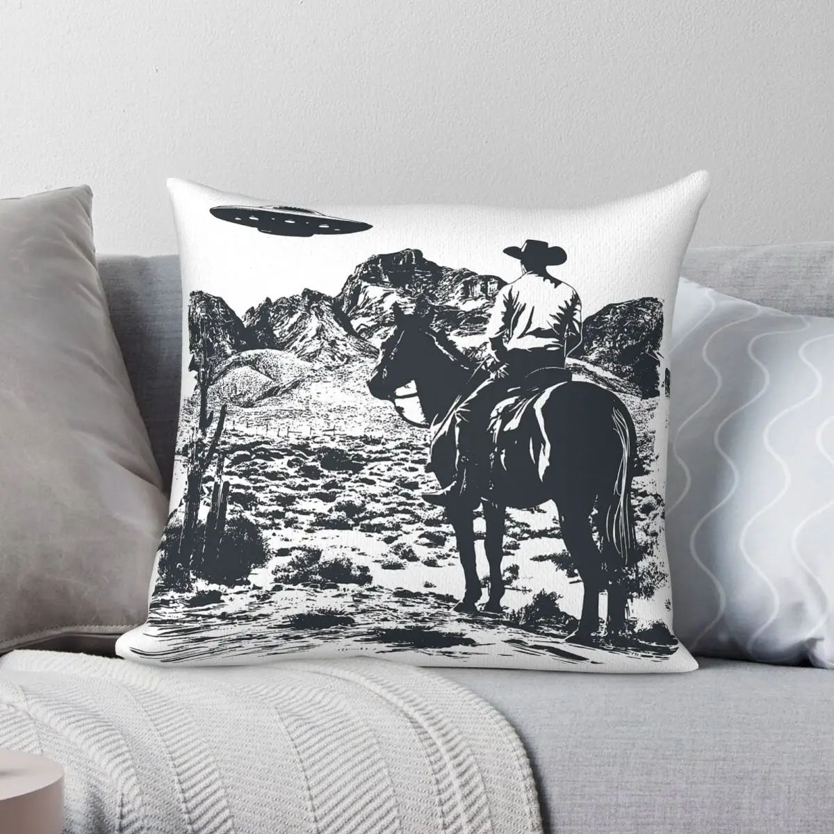Retro Sci‑Fi Cowboy Meets Ufo Square Pillowcase Polyester Linen Velvet Printed Zip Decor Pillow Case Sofa Cushion Cover 18