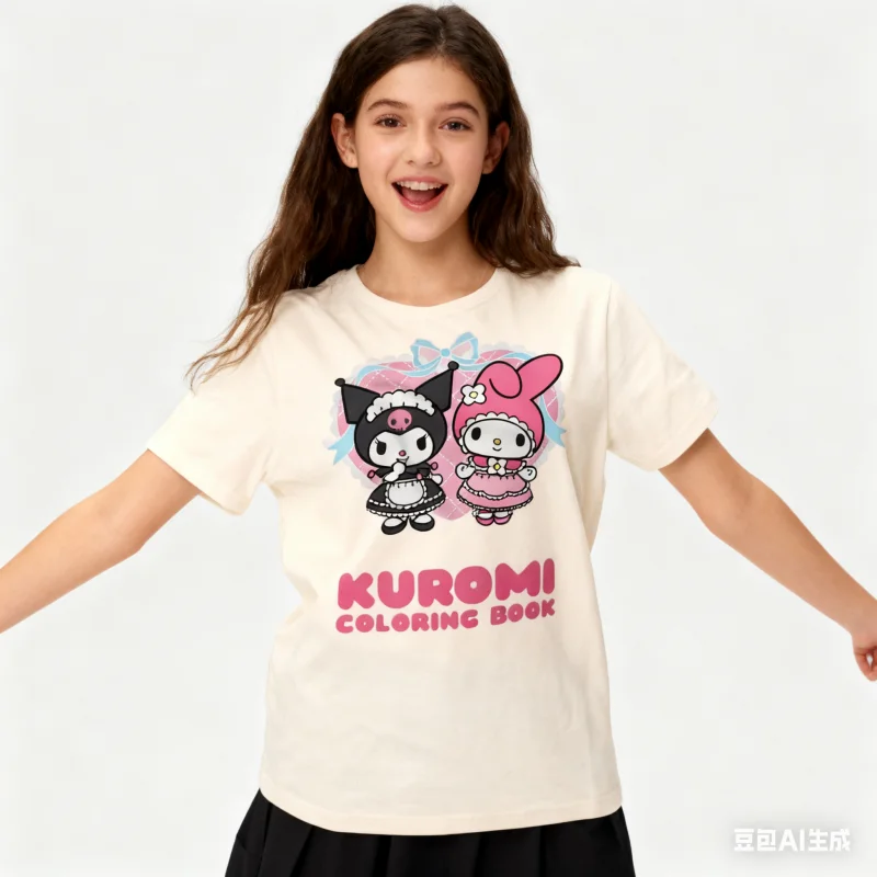 تيشيرتات مطبوعة من سلسلة سانريو، قطن 100%، متوفرة بـ 8 ألوان، النمط الأساسي الأكثر مبيعًا ملابس الأم وأنا/النسائية