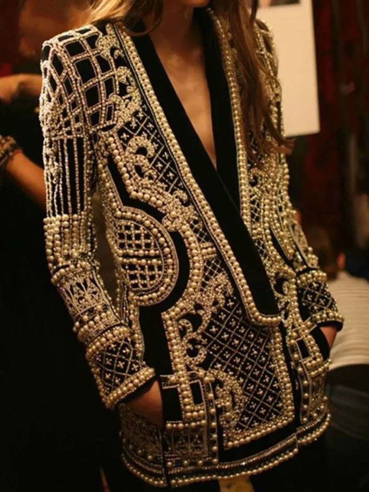ZOCI Fashion Women Blazer V-neck Embroidered Flares Patchwork Printing Long Sleeve Slim Suit Coat Spring 2025 New Tide FC1268