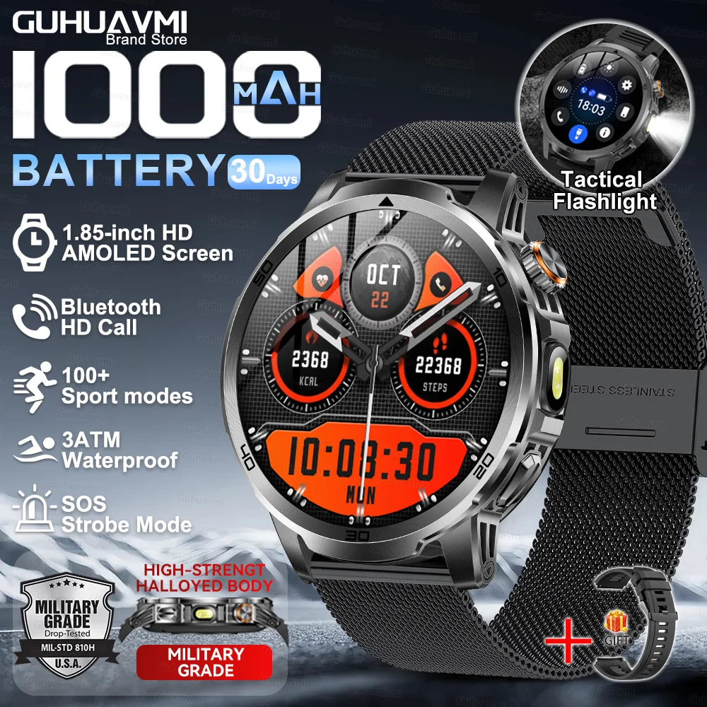 2026 Nieuwe Militaire Outdoor Smart Watch 1.85 '' AMOLED 1000mAh Grote Batterij 5ATM Waterdicht Spraakoproep Sport Mannen Fitness Bracel