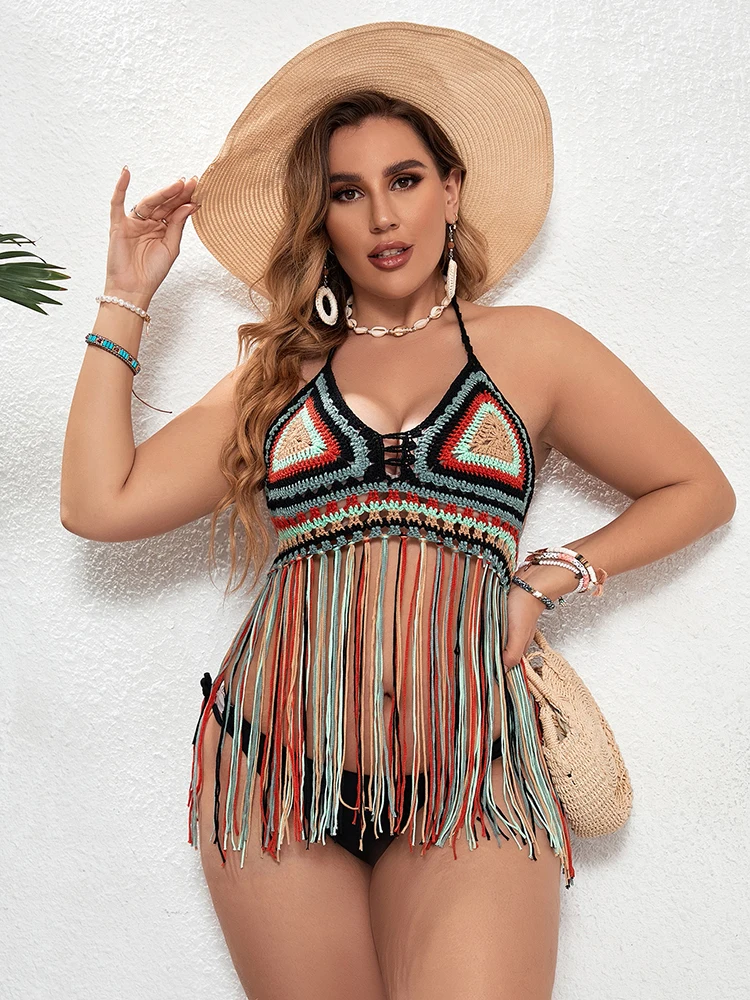 

Плюс размер вязаный крючком топ с лямкой на шее и кисточками на шнуровке накидка на бикини сексуальный вязаный купальник с v-образным вырезом купальный костюм