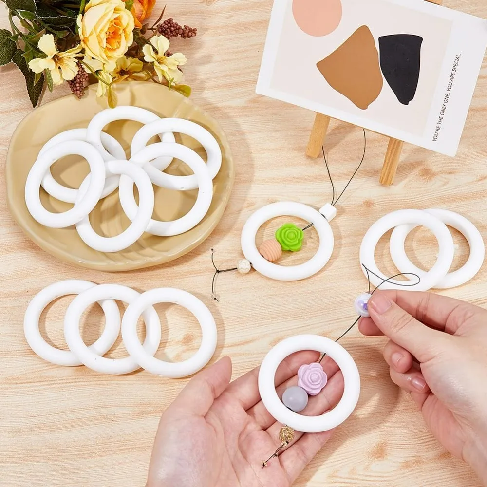 12 قطعة حلقة خرز سيليكون 65 مللي متر حلقة مستديرة مع 2 ثقب أبيض مطرز O خواتم الإطار البؤري سيليكون المعلقات لسلسلة المفاتيح