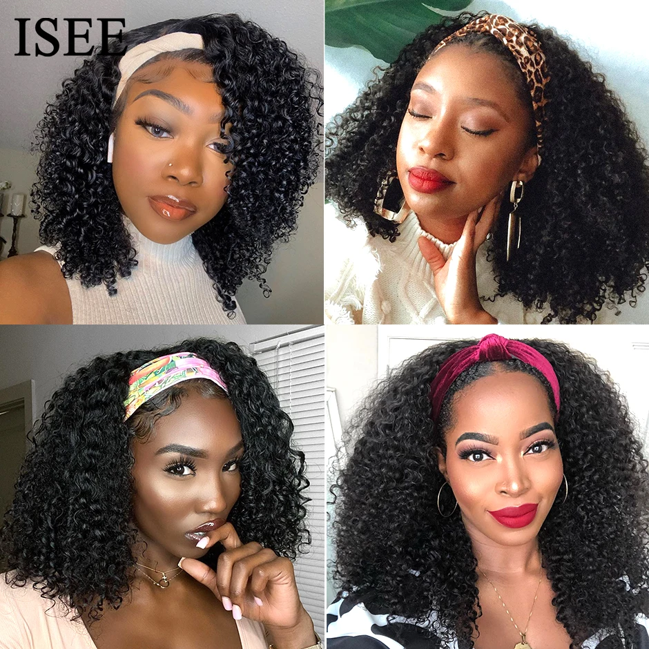 Headband Wig Human Hair ISEE HAIR Kinky Curly Human Hair Wigs For Women Brazilian Short Bob Wigs Glueless Full Machine Made Wig