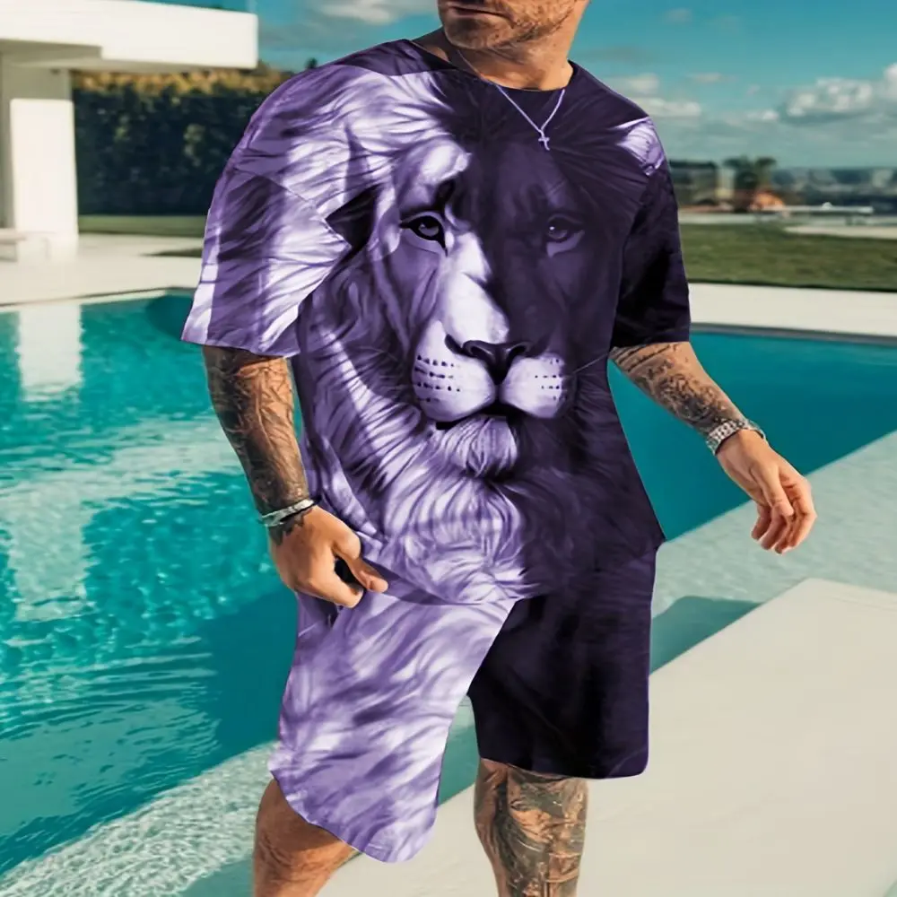 Summer new 3D lion print men\'s round neck short-sleeved T-shirt shorts suit 2-piece high-quality casual street cool sports suit