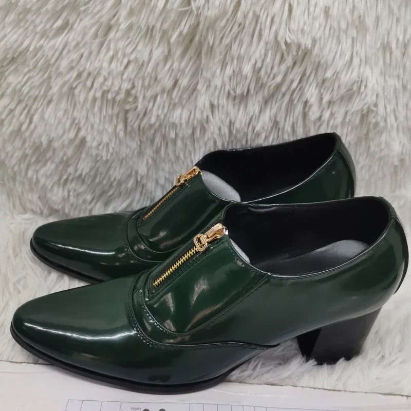 Army Green Pointed Toe High Heels Leather Shoes for Men Retro Slip On Loafers Autumn Zip Men's Shoes Party Runway Dress Shoes