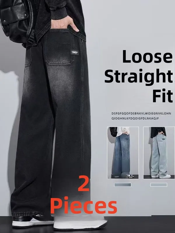 

Spring Summer Men's Vintage Loose Casual Jeans Straight Leg Wide Leg Workwear Trousers Durable Cotton Stretch Denim
