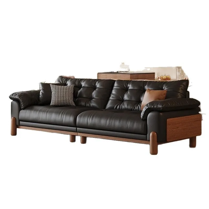 Medieval leather sofa, simple small apartment in the living room, black first layer cowhide clouds, retro style straight row of