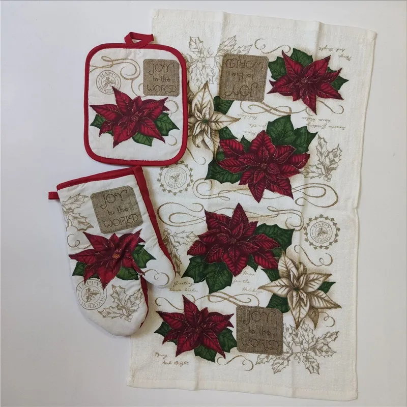 3-teiliges Set Baumwolle Vintage Weihnachtsserie Bedruckte Mikrowellenhandschuhe Küchen-Isolierunterlage Geschirrtuch Weihnachtsparty-Geschenk – Detail 10