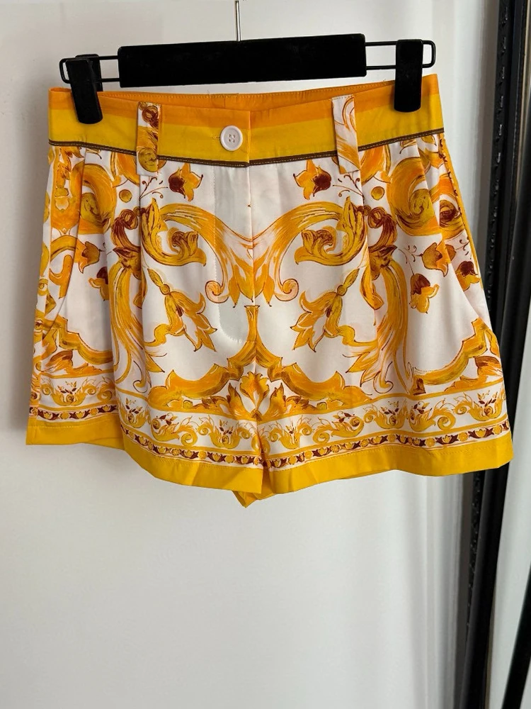 Retro estate nuova gonna a due pezzi risvolto monopetto camicia stampata a maniche corte pantaloncini a vita alta abito da donna di moda