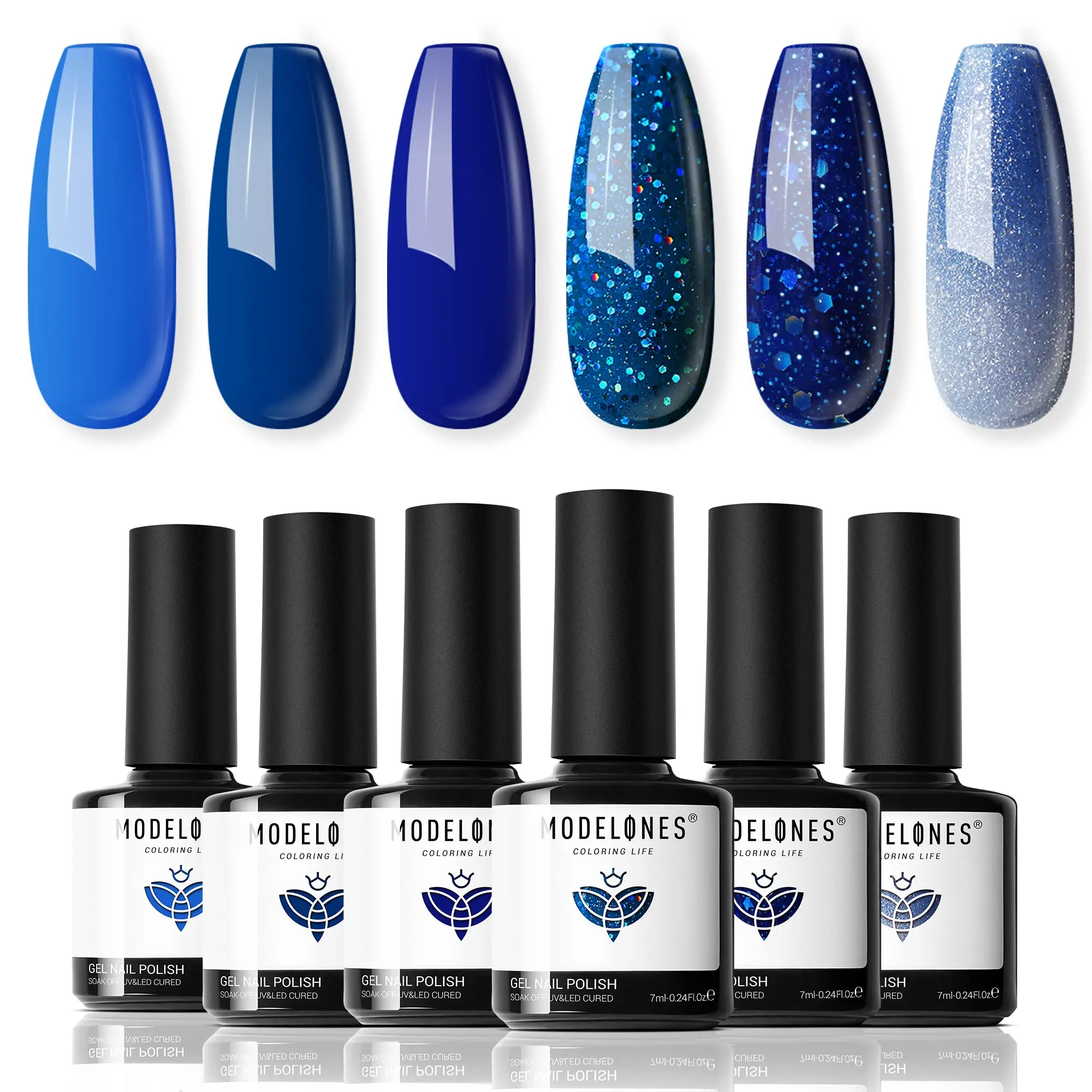 

modelones Blue Gel Nail Polish Set, 6 Blue Christmas Color Changing Gel Polish Winter Glitter Nail Polish Gel Kit Soak Off LED
