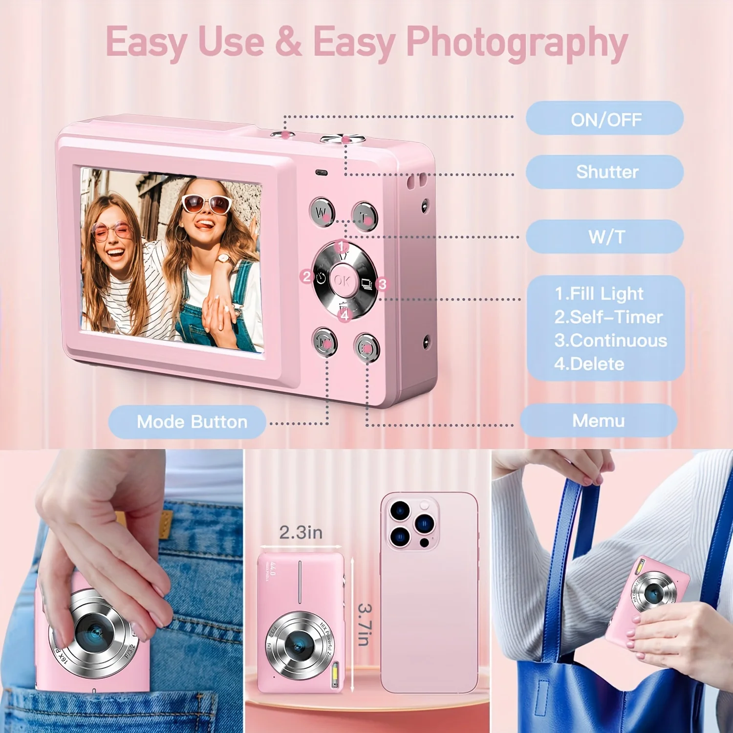 Digital Camera Children Camera for Children Camcorder with 16x Zoom Compact Cameras 1080P 44MP Cameras for Beginner Photography