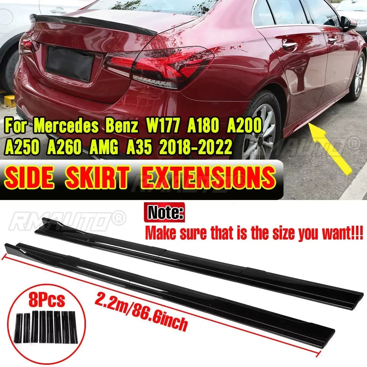 

2.2m Side Skirts Extension Rocker Splitters Diffuser Wings For Mercedes For Benz W177 A180 A200 A250 A260 A35 2018-2022