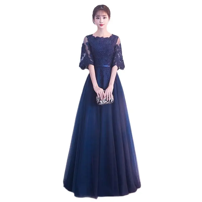 

N11120 Black Red Champagne Navy Blue Evening Dresses Women Dress Bridesmaid Appliques Lace Tulle Robe De Soiree Formal Gowns