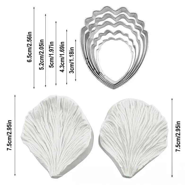 Peony Veiner Silicone Mold 5/7Pcs  Set with Flower Cutter Leaf Mould for Fondant Cake Decor DIY Baking Crafts Flexible Nonstick