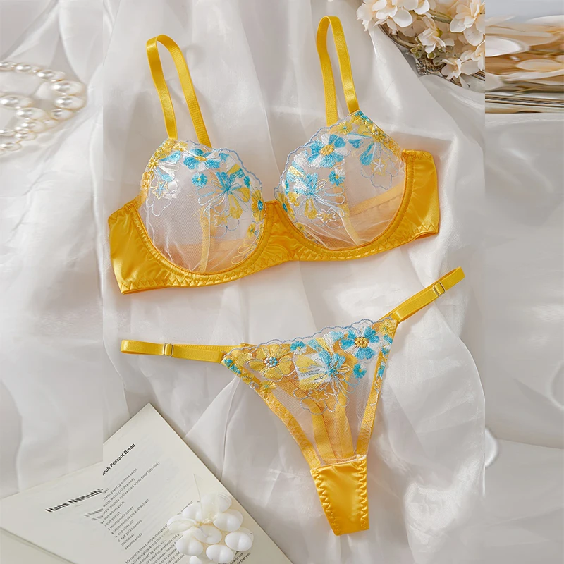 

Sexy Lingerie Sets Transparent Bra Delicate Embroidery Fancy Underwear Women Push Up Bra Yellow Luxury Intimate Erotic Lingerie