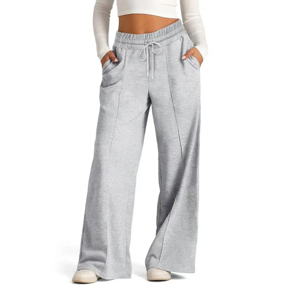 Womens Casual Wide Leg Pants Drawstring Elastic Waist Loose Fit Solid Color Soft Breathable Comfortable Trousers