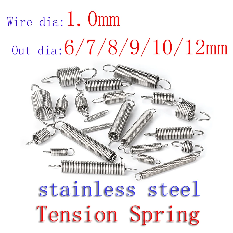 5pcs/Lot 1.0mm Stainless Steel Tension Spring with O hook extension spring free lengh 15-120mm