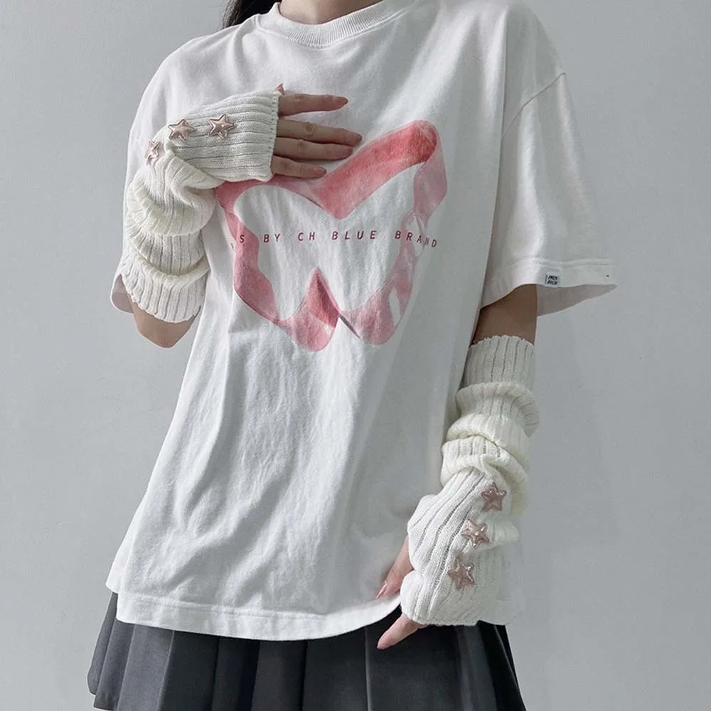 Sarung Tangan Rajut Elastis Tanpa Jari Warna Solid Gothic Y2K Penutup Lengan Bintang Hip-hop Serat Akrilik Penghangat Manset Panjang Wanita