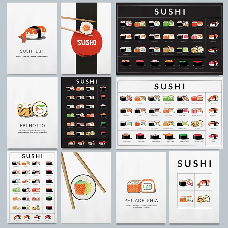 Japanese Food Sushi With Chopsticks Variations Kitchen Poster Print Wall Art Pictures Canvas Painting Living Room Home Decor