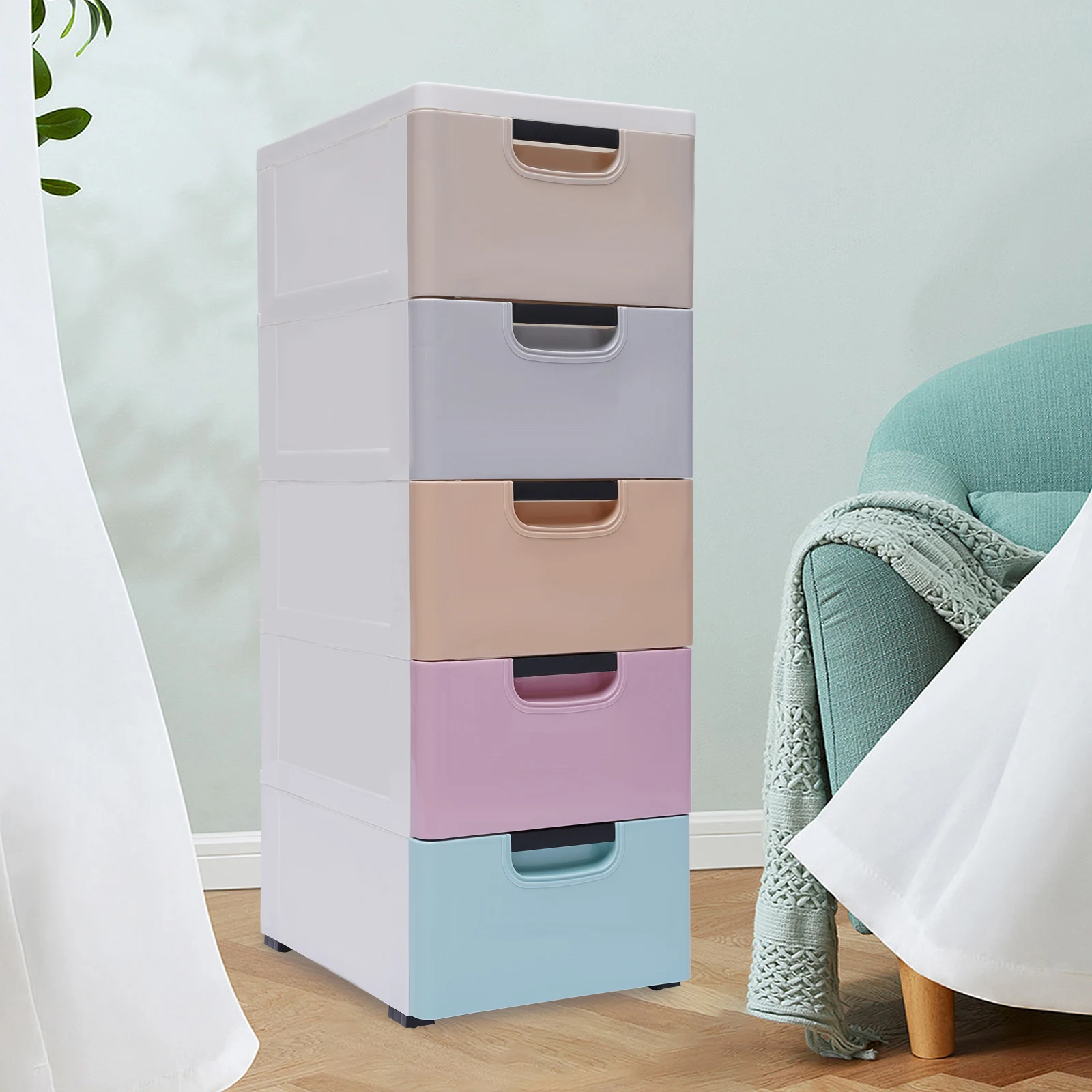 Clothes Storage Cabinet 5 Tier Vertical Stackable Tower Tall Narrow Chest Closet